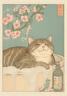 Japanese Tabby Cat In Bathtub Canvas Art  Retro Japandi Bathroom Poster 13