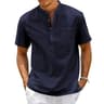 Mens Cotton Linen Henley Shirt  Casual Short Sleeve Beach Top With Pocket  Vintage Streetwear Fit 12