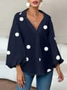 Yeezzi French Style Polka Dot V Neck Blouse Women Puff Sleeve Casual Top 5