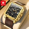 Mens Square Chronograph Watch With Leather Strap And Gold Dial 9