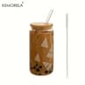 Christmas Glass Tumbler With Lid And Straw Festive Tree Elk Holiday Drink Cup 9