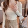 Korean Square Neck Ribbed Knit Top Slim Fit Long Sleeve Crop Top For Women 2