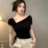 Womens Off Shoulder Top Asymmetrical Wrap Side Tie Fitted Summer Blouse 0