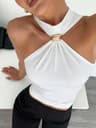 Metal Ring Halter Neck Crop Top For Women Twist Knot Slim Fit Crop Top Sleeveless Office  Casual Ta 0