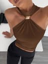 Metal Ring Halter Neck Crop Top For Women Twist Knot Slim Fit Crop Top Sleeveless Office  Casual Ta 1