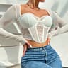 Chic Black Lace Crop Top With Sheer Mesh Sleeves And Backless V Neck 1