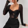 Chic Black Lace Crop Top With Sheer Mesh Sleeves And Backless V Neck 0