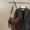 Suede Fringe Shoulder Bag With Metal Studs And Vintage Crescent Design 4