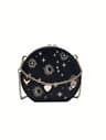 Vintage Embroidered Round Handbag With Stars And Moons And Adjustable Chain Strap 1