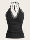 Lace VNeck Halter Backless Crop Top  Ruched Y2K Grunge Goth Cami 6