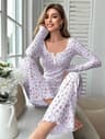 Women Floral Print Long Sleeve Pajama Set With Lettuce Trim 8