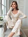 Women Floral Print Long Sleeve Pajama Set With Lettuce Trim 10