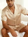 Men Summer Satin Pajama Set With Button Down Shirt And Shorts 12