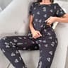 Women Dark Pink Letter Print Pajama Set With T Shirt And Pants 2