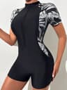 Womens Tropical Print Zip Front Short Sleeve One Piece Swimsuit 7