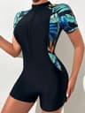 Womens Tropical Print Zip Front Short Sleeve One Piece Swimsuit 5