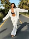 Bornladies Womens Wide Leg Pants Set  Lapel LongSleeve Shirt Elastic HighWaist Trousers Womens 2 Pi 7