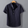 Mens Short Sleeve Stand Collar T Shirt Breathable Loose Cotton Summer Top With Pocket 0