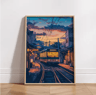 Tokyo Rainy Night Railway Canvas Print  Retro Japanese Cityscape Wall Art Decor 0