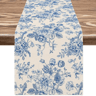 Chinoiserie Blue Floral Linen Table Runner Elegant Dining  Holiday Table Decor 3