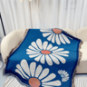 Japanese Abstract Knitted Throw Blanket  Blue Geometric Tassel Tapestry 5