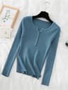 Chic Womens V Neck Knit Sweater Korean Style Button Slim Fit Pullover 8