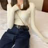 Womens ONeck Knitted Sweater Slim Button Detail Stripe Pullover 3