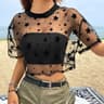 Womens Star Print Mesh Crop Top Sheer Drop Shoulder Summer Tee 1jpg
