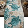 Nautical Sea Turtle Starfish Linen Table Runner  Coastal Beach Dining Decor 0